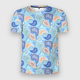 Мужская футболка 3D Slim с принтом Турецкий огурец Turkish cucumber blue pattern в Петрозаводске, 100% полиэстер с улучшенными характеристиками | приталенный силуэт, круглая горловина, широкие плечи, сужается к линии бедра | blue background | blue pattern | turkish cucumber | в горошек | модный узор | турецкий огурец