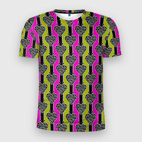 Мужская футболка 3D Slim с принтом Striped multicolored pattern Сердце в Санкт-Петербурге, 100% полиэстер с улучшенными характеристиками | приталенный силуэт, круглая горловина, широкие плечи, сужается к линии бедра | hearts | multicolored pattern | striped | в горошек | полосатый узор | сердце | черные полосы