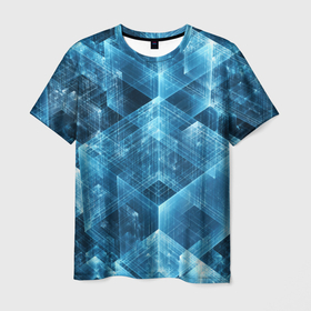 Мужская футболка 3D с принтом GLASS CUBES в Петрозаводске, 100% полиэфир | прямой крой, круглый вырез горловины, длина до линии бедер | Тематика изображения на принте: abstraction | blue | colorful | patterns | shapes | абстракция | красочный | кубики | синий | стекло | узоры | формы