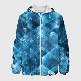 Мужская куртка 3D с принтом GLASS CUBES в Новосибирске, ткань верха — 100% полиэстер, подклад — флис | прямой крой, подол и капюшон оформлены резинкой с фиксаторами, два кармана без застежек по бокам, один большой потайной карман на груди. Карман на груди застегивается на липучку | Тематика изображения на принте: abstraction | blue | colorful | patterns | shapes | абстракция | красочный | кубики | синий | стекло | узоры | формы