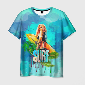 Мужская футболка 3D с принтом Surf   девушка в Петрозаводске, 100% полиэфир | прямой крой, круглый вырез горловины, длина до линии бедер | art | handeyework | surf | вода | водный спорт | доска | лето | море | океан | пальмы | пляж | серф | серфинг | солнце | спорт