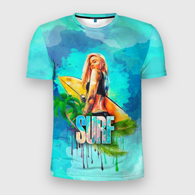 Мужская футболка 3D Slim с принтом Surf   девушка , 100% полиэстер с улучшенными характеристиками | приталенный силуэт, круглая горловина, широкие плечи, сужается к линии бедра | art | handeyework | surf | вода | водный спорт | доска | лето | море | океан | пальмы | пляж | серф | серфинг | солнце | спорт