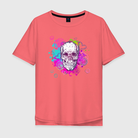 Мужская футболка хлопок Oversize с принтом Красочный Череп Арт Графити в Тюмени, 100% хлопок | свободный крой, круглый ворот, “спинка” длиннее передней части | арт | винтаж | графити | краски | скелет | череп