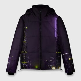Мужская зимняя куртка 3D с принтом Неоновые высотки в городе   Фиолетовый в Тюмени, верх — 100% полиэстер; подкладка — 100% полиэстер; утеплитель — 100% полиэстер | длина ниже бедра, свободный силуэт Оверсайз. Есть воротник-стойка, отстегивающийся капюшон и ветрозащитная планка. 

Боковые карманы с листочкой на кнопках и внутренний карман на молнии. | Тематика изображения на принте: abstraction | art | artwork | building | city | colorful | colors | graphics | house | neon | patterns | street | surrealism | абстракция | арт | город | графика | дом | здание | искусство | неон | разноцветный | сюрреализм | темнота | тьма | узоры | улиц