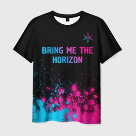 Мужская футболка 3D с принтом Bring Me the Horizon Neon Gradient , 100% полиэфир | прямой крой, круглый вырез горловины, длина до линии бедер | band | bring | bring me the horizon | horizon | metal | paint | rock | the | бринг | брызги | градиент | группа | краска | метал | неон | рок | хард | хорайзен