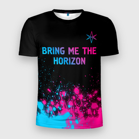 Мужская футболка 3D Slim с принтом Bring Me the Horizon Neon Gradient в Тюмени, 100% полиэстер с улучшенными характеристиками | приталенный силуэт, круглая горловина, широкие плечи, сужается к линии бедра | band | bring | bring me the horizon | horizon | metal | paint | rock | the | бринг | брызги | градиент | группа | краска | метал | неон | рок | хард | хорайзен