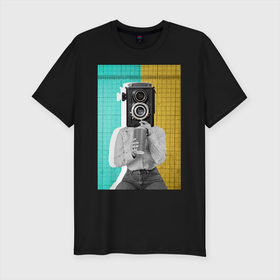Мужская футболка хлопок Slim с принтом Авангард фотоаппарат в Екатеринбурге, 92% хлопок, 8% лайкра | приталенный силуэт, круглый вырез ворота, длина до линии бедра, короткий рукав | 