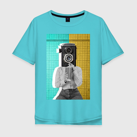 Мужская футболка хлопок Oversize с принтом Авангард фотоаппарат в Екатеринбурге, 100% хлопок | свободный крой, круглый ворот, “спинка” длиннее передней части | 