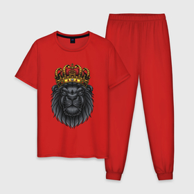 Мужская пижама хлопок с принтом Черный царь зверей в Новосибирске, 100% хлопок | брюки и футболка прямого кроя, без карманов, на брюках мягкая резинка на поясе и по низу штанин
 | Тематика изображения на принте: арт | иллюстрация | король | корона | лев | львенок | царь