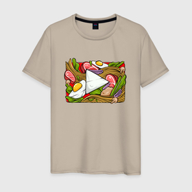 Мужская футболка хлопок с принтом Play to eat в Белгороде, 100% хлопок | прямой крой, круглый вырез горловины, длина до линии бедер, слегка спущенное плечо. | арт | иллюстрация | кнопка | лапша | удон