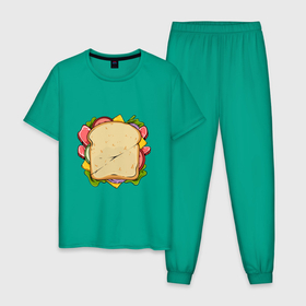 Мужская пижама хлопок с принтом Сочный бутер в Тюмени, 100% хлопок | брюки и футболка прямого кроя, без карманов, на брюках мягкая резинка на поясе и по низу штанин
 | Тематика изображения на принте: арт | бутерброд | вредная еда | иллюстрация | помидор | салатик | сендвич