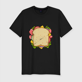 Мужская футболка хлопок Slim с принтом Сочный бутер в Санкт-Петербурге, 92% хлопок, 8% лайкра | приталенный силуэт, круглый вырез ворота, длина до линии бедра, короткий рукав | арт | бутерброд | вредная еда | иллюстрация | помидор | салатик | сендвич