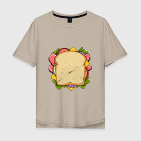 Мужская футболка хлопок Oversize с принтом Сочный бутер в Курске, 100% хлопок | свободный крой, круглый ворот, “спинка” длиннее передней части | Тематика изображения на принте: арт | бутерброд | вредная еда | иллюстрация | помидор | салатик | сендвич