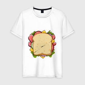 Мужская футболка хлопок с принтом Сочный бутер в Санкт-Петербурге, 100% хлопок | прямой крой, круглый вырез горловины, длина до линии бедер, слегка спущенное плечо. | арт | бутерброд | вредная еда | иллюстрация | помидор | салатик | сендвич