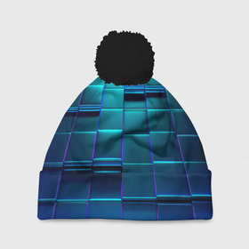 Шапка 3D c помпоном с принтом BLUE SQUARES в Белгороде, 100% полиэстер | универсальный размер, печать по всей поверхности изделия | Тематика изображения на принте: abstract | blue | colorful | minimalism | modernism | pattern | style | абстрактные | квадраты | красочные | минимализм | модернизм | синий | стиль | узор