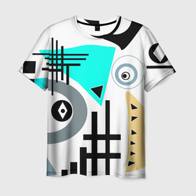 Мужская футболка 3D с принтом Абстрактный современный дизайн в Петрозаводске, 100% полиэфир | прямой крой, круглый вырез горловины, длина до линии бедер | black | blue | fashion | print | white | абстрактный дизайн | белый | бирюзовый | геометрические фигуры | современный дизайн | черный