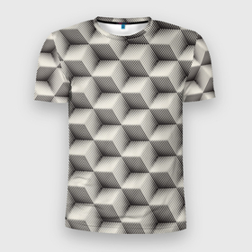 Мужская футболка 3D Slim с принтом 3D Куб | Оптическая иллюзия | 3D Cube в Белгороде, 100% полиэстер с улучшенными характеристиками | приталенный силуэт, круглая горловина, широкие плечи, сужается к линии бедра | 3d | 3d cube | 3d куб | 3д куб | optical illusion | оптическая иллюзия