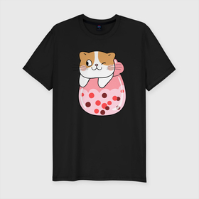 Мужская футболка хлопок Slim с принтом Довольный котик в стакане с мороженым в Курске, 92% хлопок, 8% лайкра | приталенный силуэт, круглый вырез ворота, длина до линии бедра, короткий рукав | кот | котенок | котик | кошечка | лето | мороженое