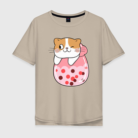 Мужская футболка хлопок Oversize с принтом Довольный котик в стакане с мороженым в Белгороде, 100% хлопок | свободный крой, круглый ворот, “спинка” длиннее передней части | Тематика изображения на принте: кот | котенок | котик | кошечка | лето | мороженое