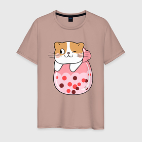 Мужская футболка хлопок с принтом Довольный котик в стакане с мороженым в Тюмени, 100% хлопок | прямой крой, круглый вырез горловины, длина до линии бедер, слегка спущенное плечо. | кот | котенок | котик | кошечка | лето | мороженое