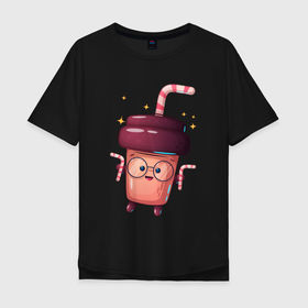 Мужская футболка хлопок Oversize с принтом стаканчик с кофе в Тюмени, 100% хлопок | свободный крой, круглый ворот, “спинка” длиннее передней части | Тематика изображения на принте: кофе | кофеин | кофейный | стакан | стаканчик