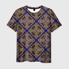 Мужская футболка 3D с принтом blue gold золотые узоры , 100% полиэфир | прямой крой, круглый вырез горловины, длина до линии бедер | Тематика изображения на принте: абстрактные | абстракция | геометрия | классика | классические | нейтральные | спокойные | узор | узоры