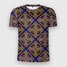 Мужская футболка 3D Slim с принтом blue gold золотые узоры в Новосибирске, 100% полиэстер с улучшенными характеристиками | приталенный силуэт, круглая горловина, широкие плечи, сужается к линии бедра | абстрактные | абстракция | геометрия | классика | классические | нейтральные | спокойные | узор | узоры