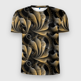 Мужская футболка 3D Slim с принтом Золотистые абстрактные  узоры в Новосибирске, 100% полиэстер с улучшенными характеристиками | приталенный силуэт, круглая горловина, широкие плечи, сужается к линии бедра | абстрактные | абстракция | геометрия | классика | классические | нейтральные | спокойные | узор | узоры