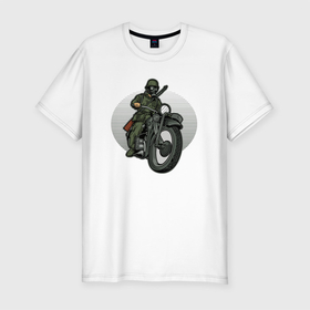 Мужская футболка хлопок Slim с принтом Сталкер на мотоцикле в Белгороде, 92% хлопок, 8% лайкра | приталенный силуэт, круглый вырез ворота, длина до линии бедра, короткий рукав | moto | stalker | мото | мотоцикл | сталкер