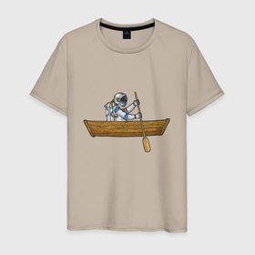 Мужская футболка хлопок с принтом Космонавт в лодке , 100% хлопок | прямой крой, круглый вырез горловины, длина до линии бедер, слегка спущенное плечо. | 