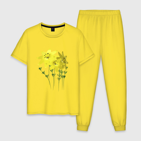 Мужская пижама хлопок с принтом Flowers yellow в Курске, 100% хлопок | брюки и футболка прямого кроя, без карманов, на брюках мягкая резинка на поясе и по низу штанин
 | 3d | 3d flowers yellow | blossom | floret | plants