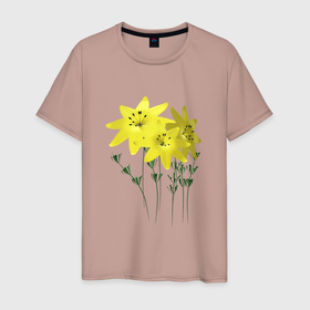 Мужская футболка хлопок с принтом Flowers yellow в Тюмени, 100% хлопок | прямой крой, круглый вырез горловины, длина до линии бедер, слегка спущенное плечо. | Тематика изображения на принте: 3d | 3d flowers yellow | blossom | floret | plants