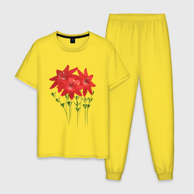 Мужская пижама хлопок с принтом Flowers red в Курске, 100% хлопок | брюки и футболка прямого кроя, без карманов, на брюках мягкая резинка на поясе и по низу штанин
 | 3d | 3d flowers red | blossom | florets | plants