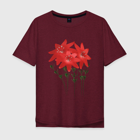 Мужская футболка хлопок Oversize с принтом Flowers red в Петрозаводске, 100% хлопок | свободный крой, круглый ворот, “спинка” длиннее передней части | Тематика изображения на принте: 3d | 3d flowers red | blossom | florets | plants