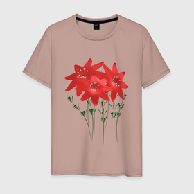 Мужская футболка хлопок с принтом Flowers red в Тюмени, 100% хлопок | прямой крой, круглый вырез горловины, длина до линии бедер, слегка спущенное плечо. | Тематика изображения на принте: 3d | 3d flowers red | blossom | florets | plants