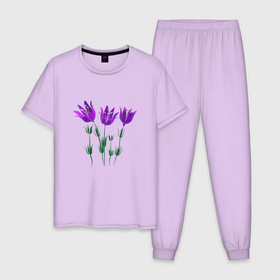 Мужская пижама хлопок с принтом Flowers purple white light в Курске, 100% хлопок | брюки и футболка прямого кроя, без карманов, на брюках мягкая резинка на поясе и по низу штанин
 | 3d | 3d flowers purple | blossom | florets | plants