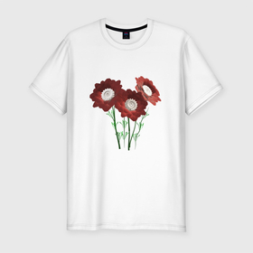 Мужская футболка хлопок Slim с принтом Flowers red white в Белгороде, 92% хлопок, 8% лайкра | приталенный силуэт, круглый вырез ворота, длина до линии бедра, короткий рукав | 3d | 3d flowers red | blossom | florets | plants