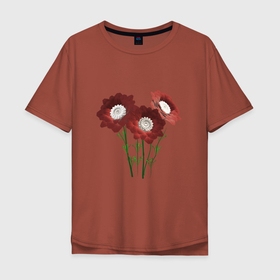 Мужская футболка хлопок Oversize с принтом Flowers red white в Тюмени, 100% хлопок | свободный крой, круглый ворот, “спинка” длиннее передней части | 3d | 3d flowers red | blossom | florets | plants