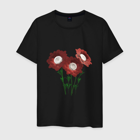 Мужская футболка хлопок с принтом Flowers red white в Новосибирске, 100% хлопок | прямой крой, круглый вырез горловины, длина до линии бедер, слегка спущенное плечо. | 3d | 3d flowers red | blossom | florets | plants