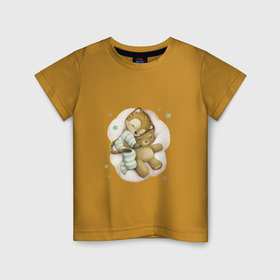 Детская футболка хлопок с принтом Тигренок спит с мишкой в Белгороде, 100% хлопок | круглый вырез горловины, полуприлегающий силуэт, длина до линии бедер | Тематика изображения на принте: unique | для мальчиков | звезды | медведь | мишка | облако | тигр | тигренок