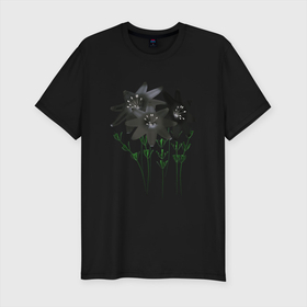 Мужская футболка хлопок Slim с принтом Flowers black light в Белгороде, 92% хлопок, 8% лайкра | приталенный силуэт, круглый вырез ворота, длина до линии бедра, короткий рукав | 3d | 3d flowers black | blossom | florets | plants