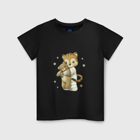 Детская футболка хлопок с принтом Тигренок с мишкой в Екатеринбурге, 100% хлопок | круглый вырез горловины, полуприлегающий силуэт, длина до линии бедер | Тематика изображения на принте: unique | для мальчиков | звезды | медведь | мишка | тигр | тигренок