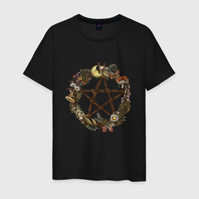 Мужская футболка хлопок с принтом Пентаграмма цветы растения колдовство магия в Санкт-Петербурге, 100% хлопок | прямой крой, круглый вырез горловины, длина до линии бедер, слегка спущенное плечо. | 