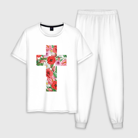 Мужская пижама хлопок с принтом Крест из красных цветов в Кировске, 100% хлопок | брюки и футболка прямого кроя, без карманов, на брюках мягкая резинка на поясе и по низу штанин
 | 