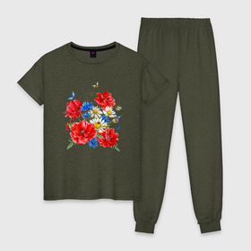 Женская пижама хлопок с принтом Летний букет мак василек ромашка цветы лето в Тюмени, 100% хлопок | брюки и футболка прямого кроя, без карманов, на брюках мягкая резинка на поясе и по низу штанин | 