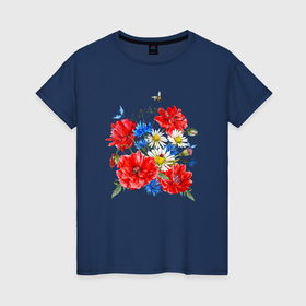 Женская футболка хлопок с принтом Летний букет мак василек ромашка цветы лето в Петрозаводске, 100% хлопок | прямой крой, круглый вырез горловины, длина до линии бедер, слегка спущенное плечо | 