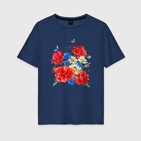 Женская футболка хлопок Oversize с принтом Летний букет мак василек ромашка цветы лето в Петрозаводске, 100% хлопок | свободный крой, круглый ворот, спущенный рукав, длина до линии бедер
 | 