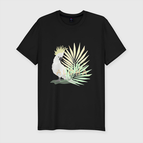 Мужская футболка хлопок Slim с принтом Белый попугай с хохолком на фоне листьев пальмы в Новосибирске, 92% хлопок, 8% лайкра | приталенный силуэт, круглый вырез ворота, длина до линии бедра, короткий рукав | aloha | female | hawaii | leaves | macaw | palm | parrot | tropical | white parrot | ара | белый попугай | гавайи | женский | листья | пальма | попугай | тропический