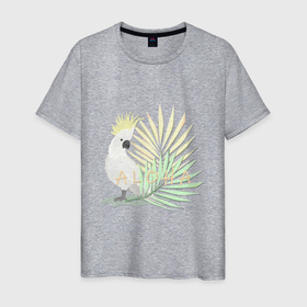 Мужская футболка хлопок с принтом Белый попугай с хохолком на фоне листьев пальмы в Екатеринбурге, 100% хлопок | прямой крой, круглый вырез горловины, длина до линии бедер, слегка спущенное плечо. | Тематика изображения на принте: aloha | female | hawaii | leaves | macaw | palm | parrot | tropical | white parrot | ара | белый попугай | гавайи | женский | листья | пальма | попугай | тропический