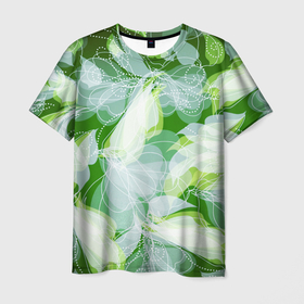 Мужская футболка 3D с принтом Воздушное настроение в Петрозаводске, 100% полиэфир | прямой крой, круглый вырез горловины, длина до линии бедер | белый | весна | воздушный | желтый | зеленый | лето | линии | лист | листок | листья | настроение | неон | плавное | полупрозрачное | полупрозрачный | природ  ное | природа | природный | прозрачное